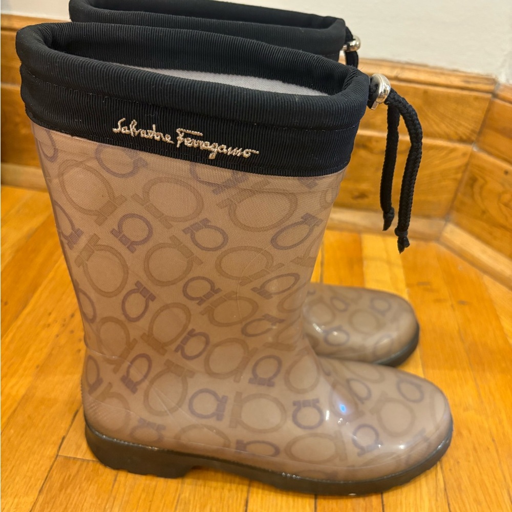 Salvatore Ferragamo Brown Monogram Rain Boots